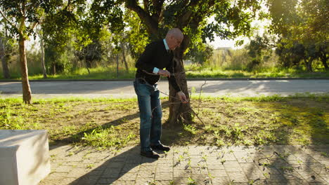 man picks up fallen branches from trees in the park
