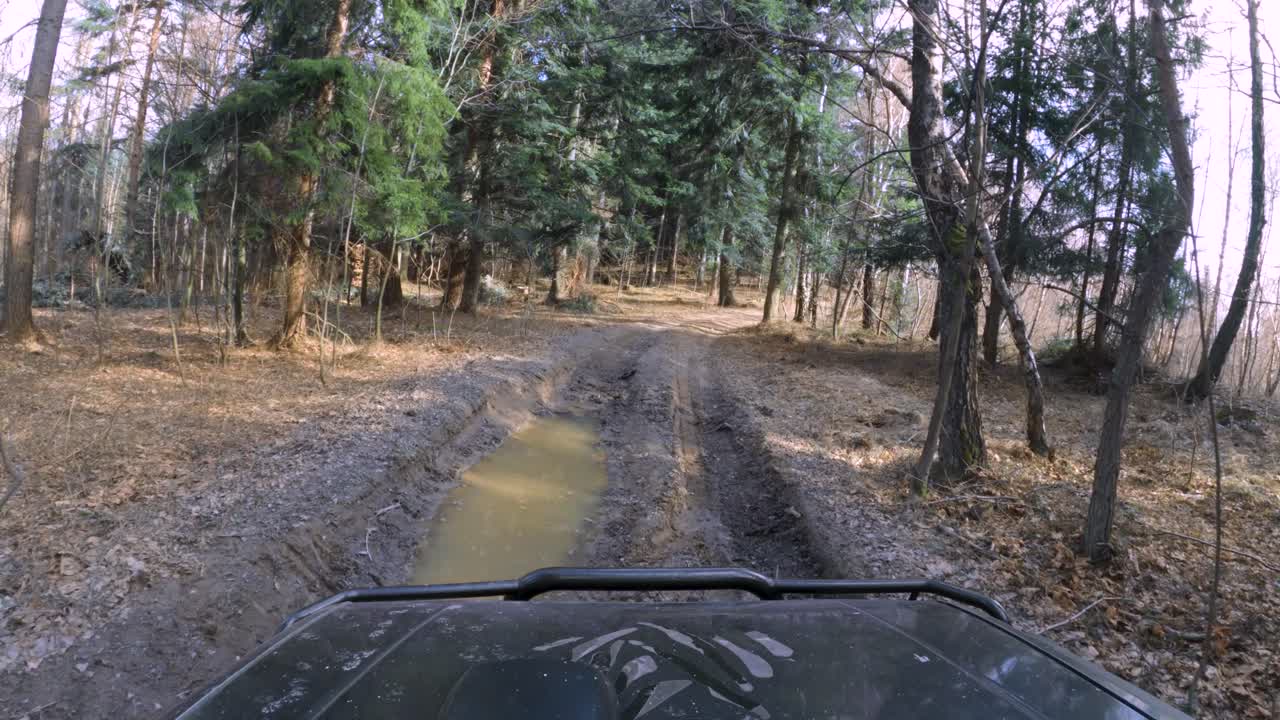 Off-road car driving through stunning forest, mud, leafs and dirty road - GoPro 4k view