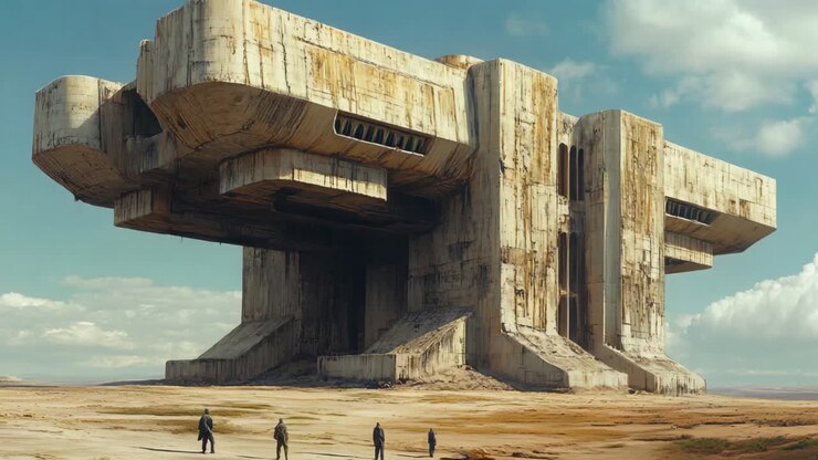 Estrutura de Concreto Futurista em Paisagem Desértica