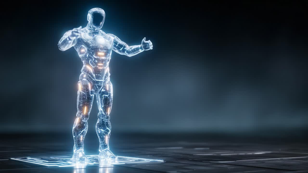 Futuristic Digital Robot on a Holographic Platform Showcasing Advanced Technology and Ethereal Design in a Dimly Lit Environment