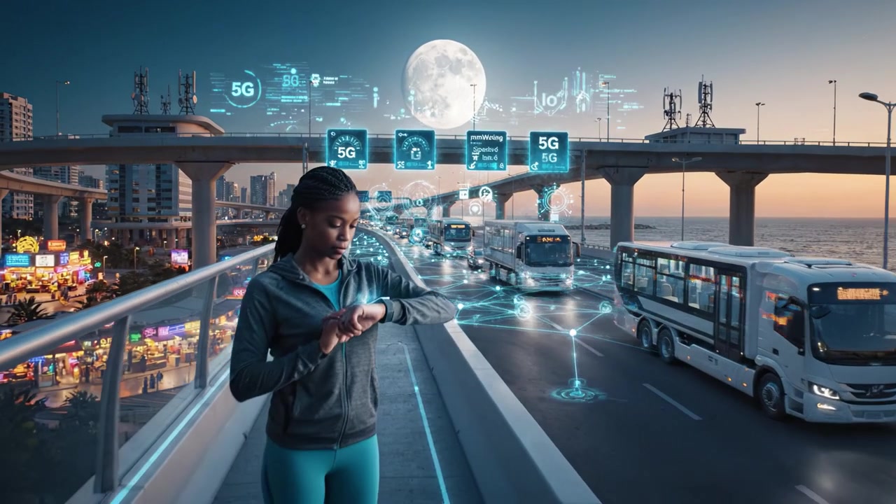 A modern urban scene featuring advanced transportation and digital technology, showcasing illuminated highways, buses, a pedestrian, and an urban skyline at dusk under a full moon.