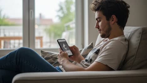 A young man comfortably relaxing at home, engrossed in his smartphone, capturing the essence of modern digital connectivity and leisure in a cozy interior setting