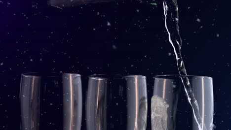 Animation-of-white-spots-falling-over-glass-of-champagne