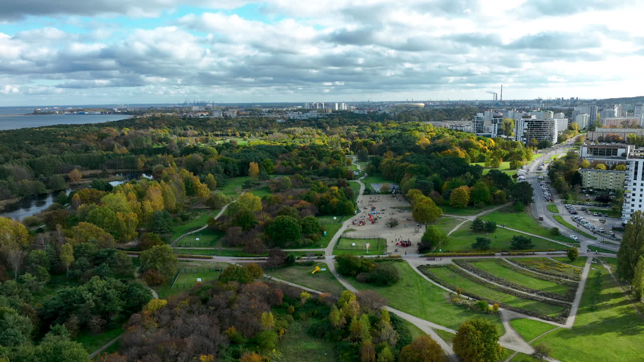 Drone Panorama of Urban Park and Residential District in Gdańsk