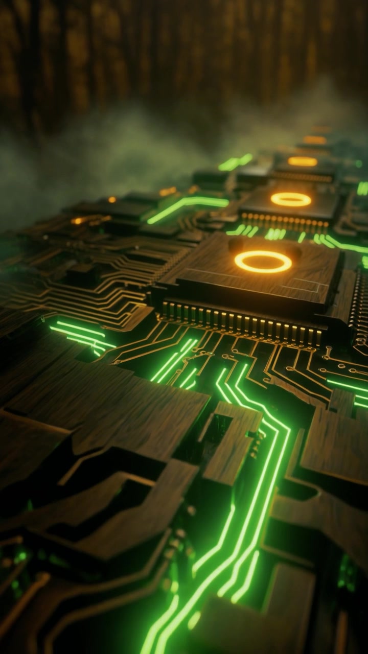 Futuristisk printplade med glødende grønne databaner og CPU-processorer