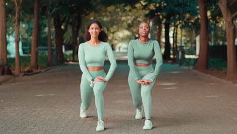 fitness, park and friends stretching their legs