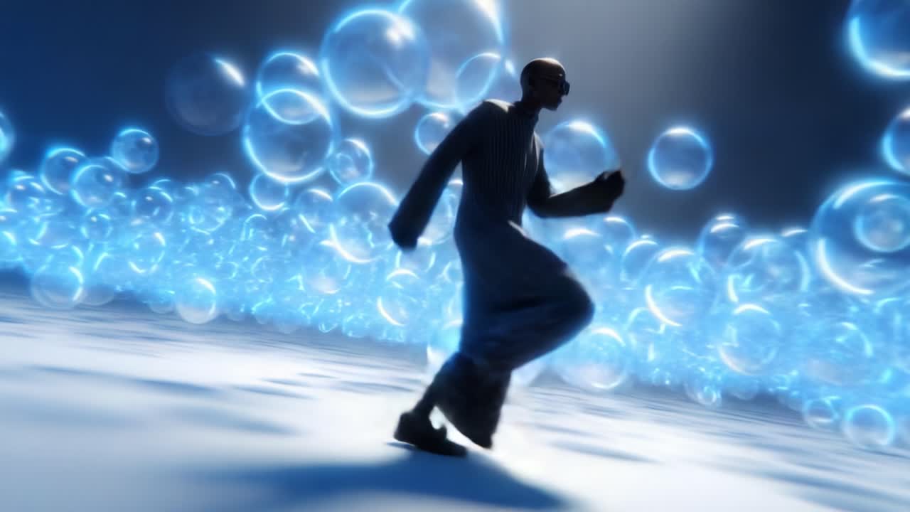A solitary figure moves through a surreal environment filled with glowing blue bubbles, creating a mesmerizing visual experience that blends reality and fantasy in a unique artistic representation of motion