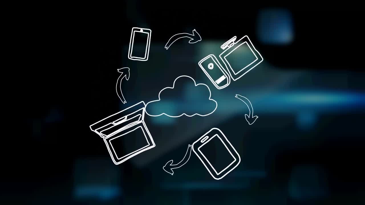 Animation of network of connections with icons and cloud over digital screens