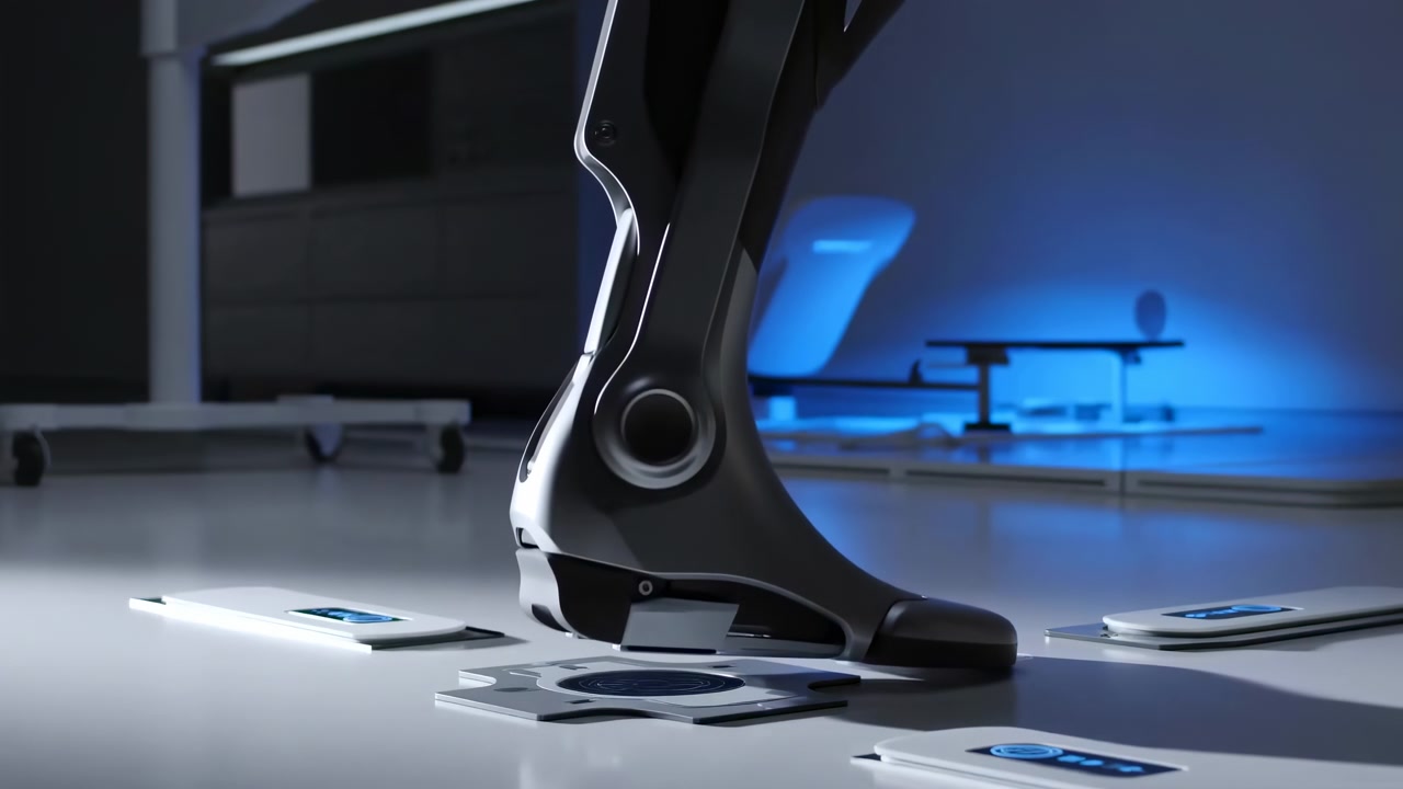Low-angle close view shows the jointed metal leg moving downward until the foot settles on the reflective surface, surrounded by rectangular devices with blue screens and cool backlighting.