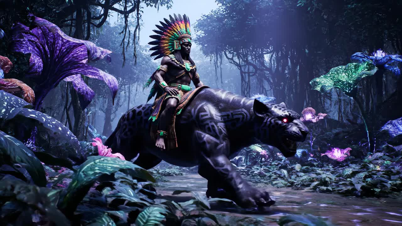 Native American Man Riding a Panther in a Jungle