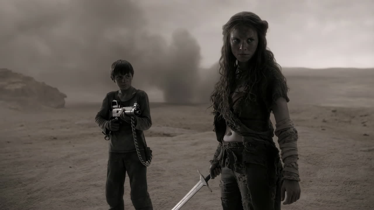 A female warrior and a boy stand in a desolate, post-apocalyptic landscape