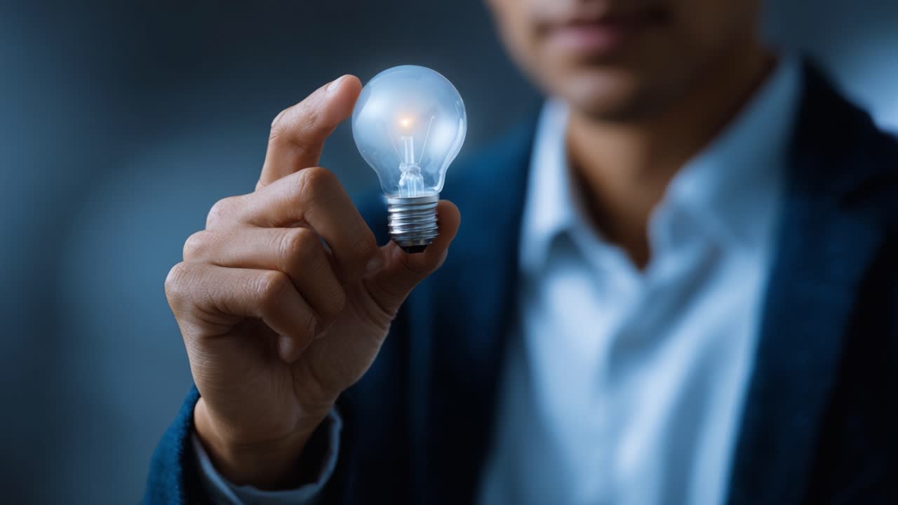A person holding a glowing light bulb, symbolizing ideas, innovation, and inspiration in a creative and thought-provoking moment captured in a video frame