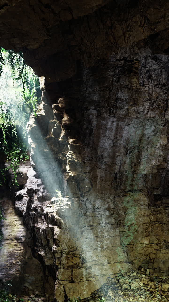 Fasci di luce splendono in una grotta rocciosa con vegetazione durante il giorno