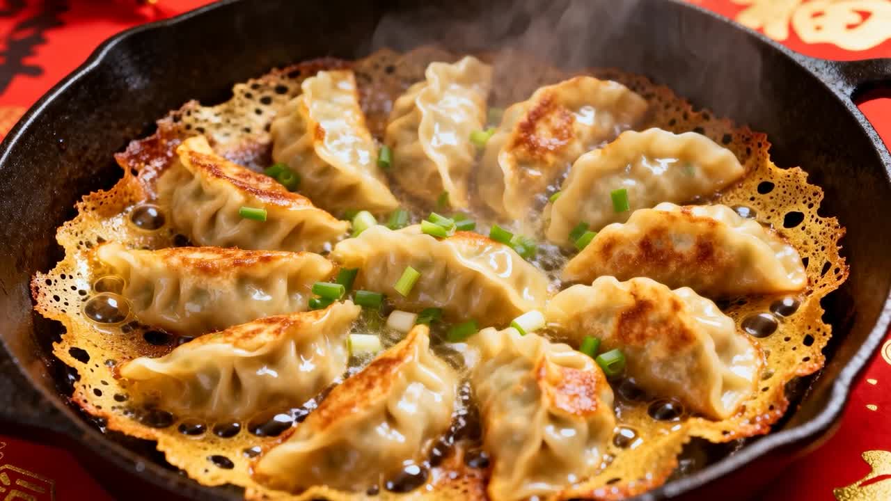 Chảo gang nóng trên bếp, sủiDumplings xèo xèo tạo thành lớp vỏ ren mỏng, hơi nước bốc lên