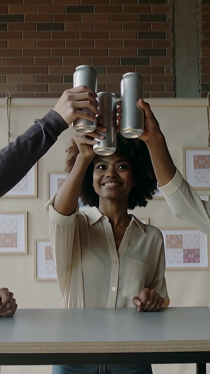 Vertical video: Reaching woman in light top at high table as group lifting silver cans toasting