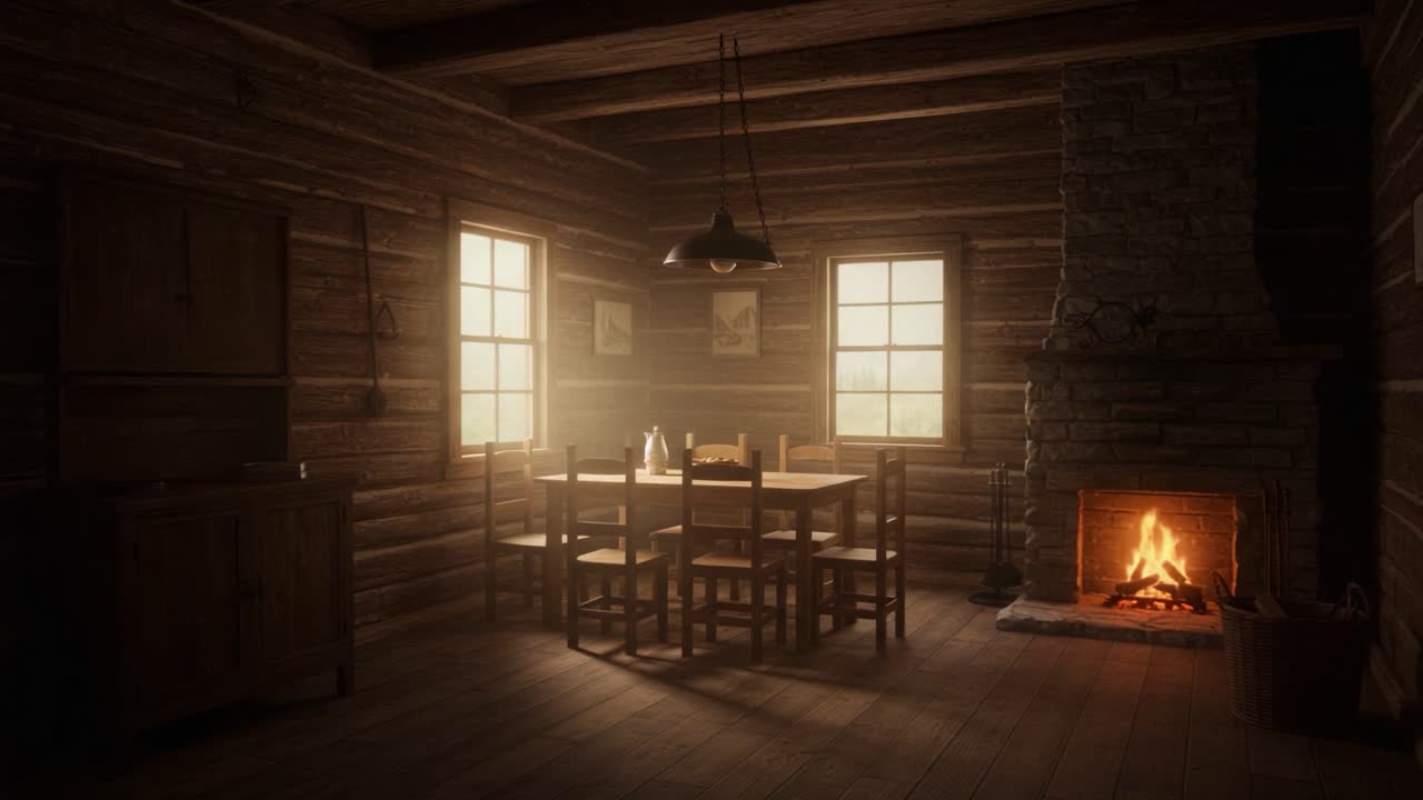 Cozy Rustic Cabin Interior Featuring a Wooden Dining Table Surrounded by Chairs, Soft Lighting, and a Warm Fireplace, Creating an Inviting Atmosphere for Gatherings