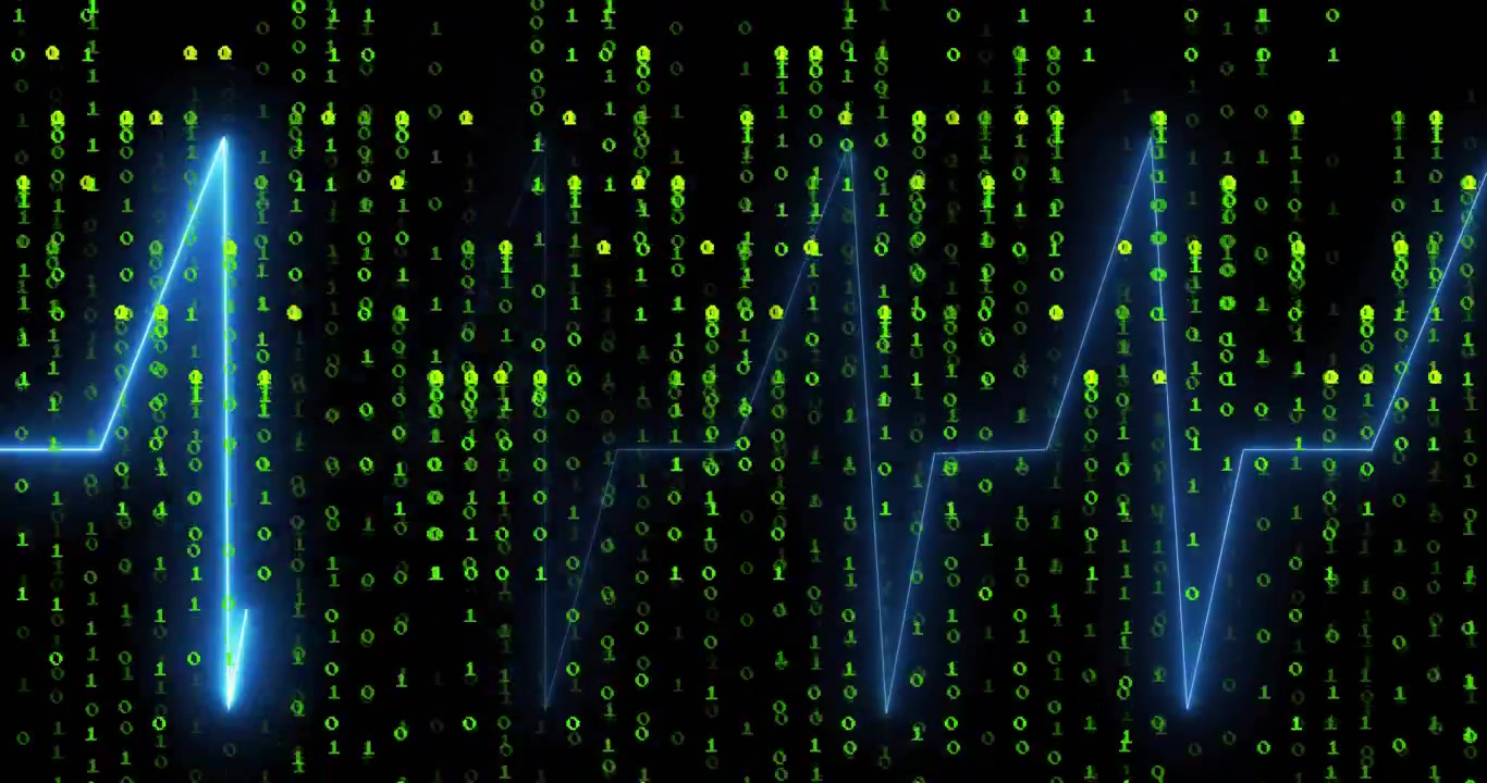 Neon blue ECG waveform line flowing across black display streaming green binary code in flat design