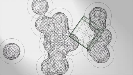 3d animation, one cube with some methaspheres on grey background ( wire-framed )