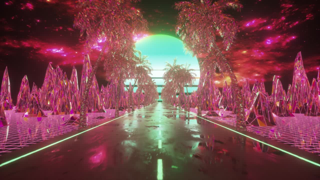 conduciendo a lo largo de la carretera de diamantes hacia el atardecer. color azul. animación 3d de un bucle sin costuras. imágenes de alta calidad 4k