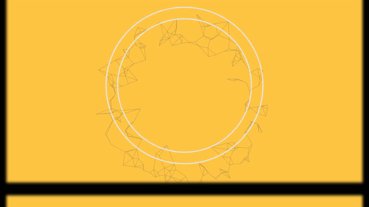 Animation of slipping frame with white circle and rotating network on yellow background