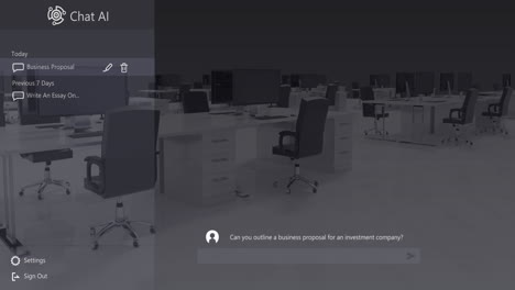 chat ai logo and conversation text over desks and chairs in empty business office