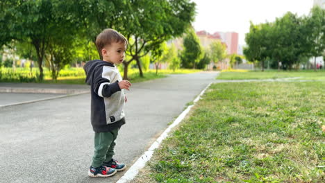 beautiful caucasian boy wearing hoodie stands in the park. little kid looks around with interest.