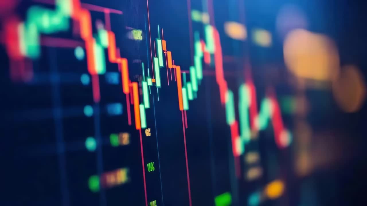 Dynamic close-up of a digital stock market chart, captured at an angle, conveying a video-like sense
