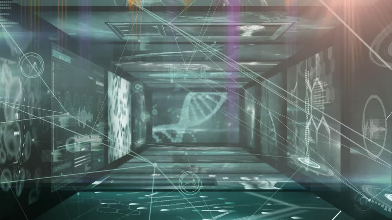 의료 데이터 처리를 가진 화면에 대한 연결 네트워크와 빛 점의 애니메이션