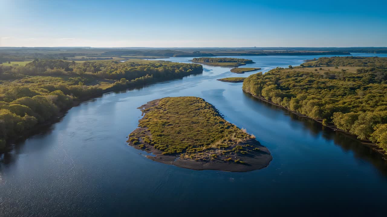 Launching drone camera moving forward and lowering over river, showing island sand flats detail