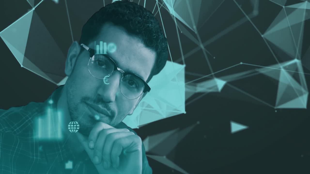 iconos digitales y redes de plexo contra el hombre de gafas