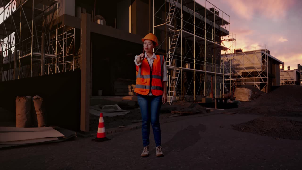 Full Body Of Asian Female Engineer With Safety Helmet Disapproving With No Index Finger Sign While Standing At Construction Site in Progress to New House