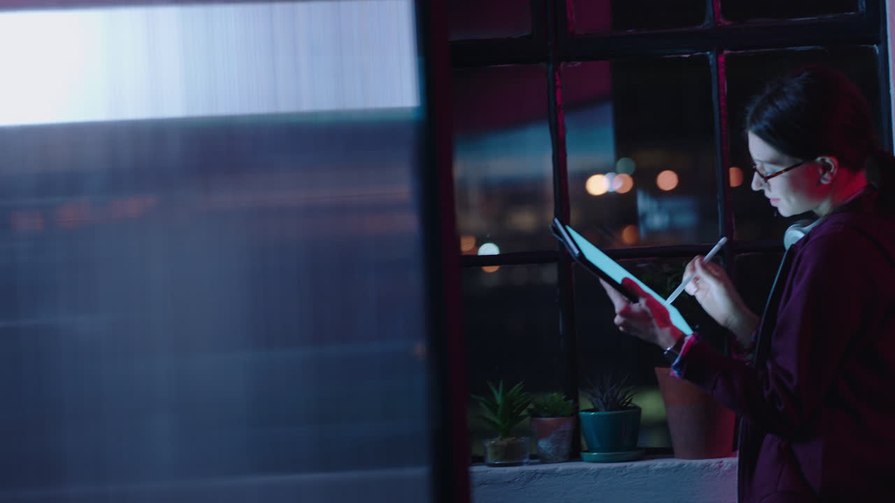 젊은 백인 사업가 여성이 디지털 태블릿 컴퓨터를 사용하여 늦게 일하고 창의적인 아이디어를 브레인스토밍하고 스타트업 프로젝트를 계획하고 밤에 사무실에서 모바일 장치 터치 스크린에서 마감합니다.