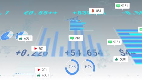 animation of social media icons floating over statistical data processing against grey background