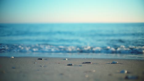 sand and pebbles at the beach with defocused ocean waves behind it