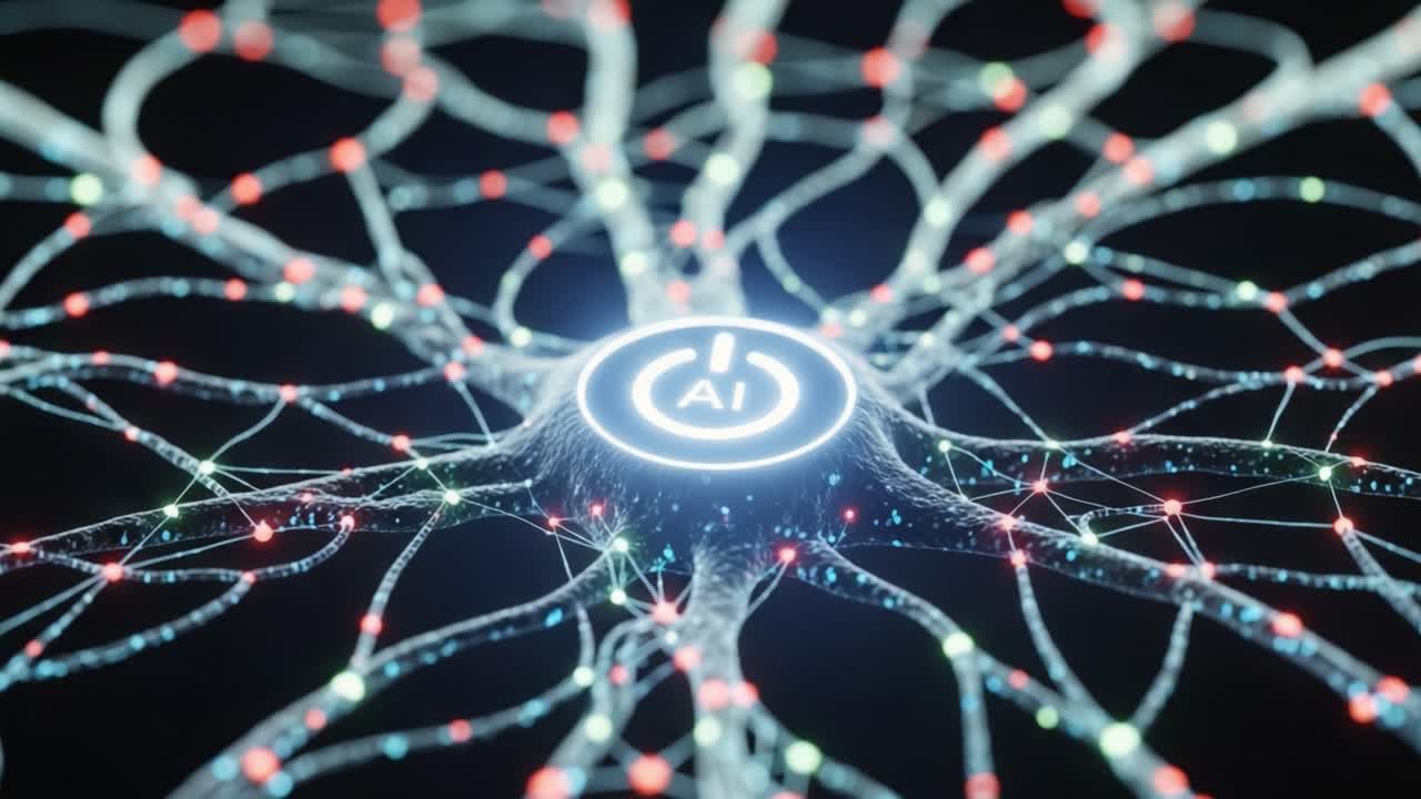 An Intricate Visualization of Artificial Intelligence Networks, Highlighting Their Complex Interconnections and the Central AI Symbol at its Core
