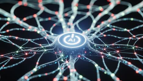 an intricate visualization of artificial intelligence networks, highlighting their complex interconnections and the central ai symbol at its core