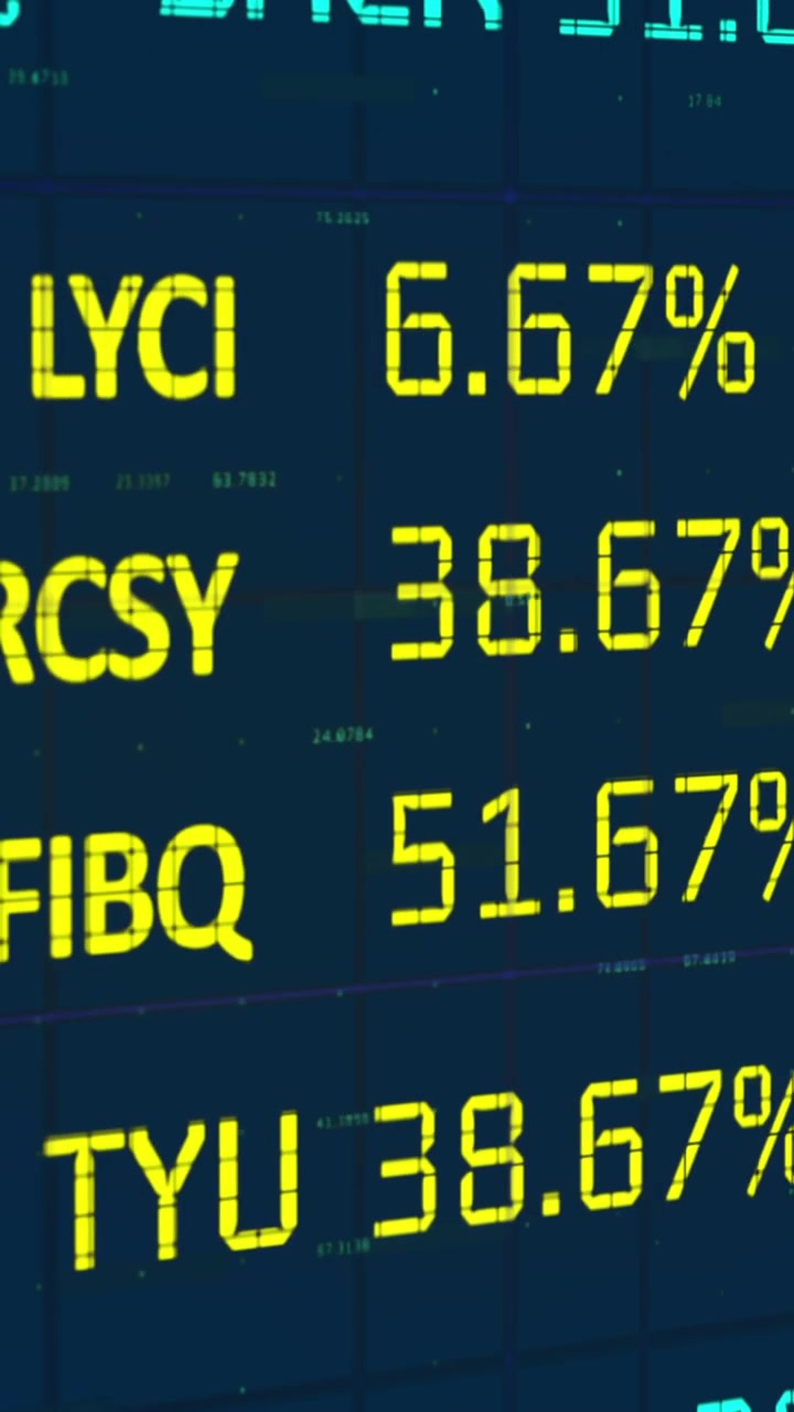 Animazione di un tabellone di trading in loop su numeri che cambiano, su sfondo nero
