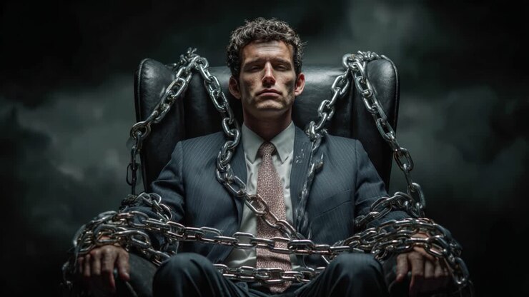 Una cautivadora representación de confinamiento: Un hombre en traje encadenado, que encarna la lucha y la resiliencia dentro de una atmósfera ominosa de misterio y poder.
