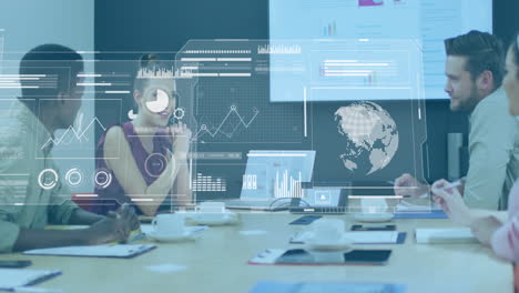 Animation-of-graphs,-globes,-loading-bars-and-circles-over-diverse-coworkers-discussing-reports