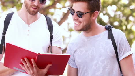 felices amigos de la cadera revisando el cuaderno