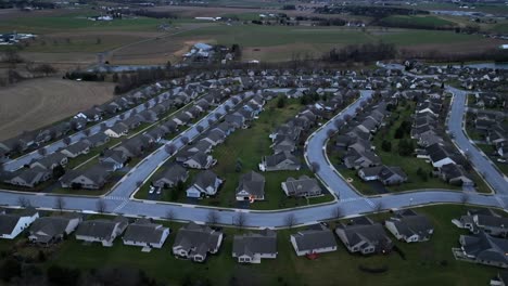 high aerial view of new 55 plus development in rural america