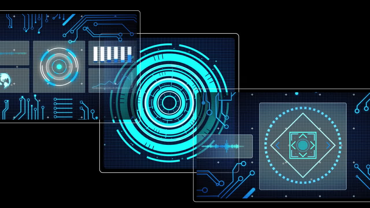 Animation of data processing with scope scanning on black background