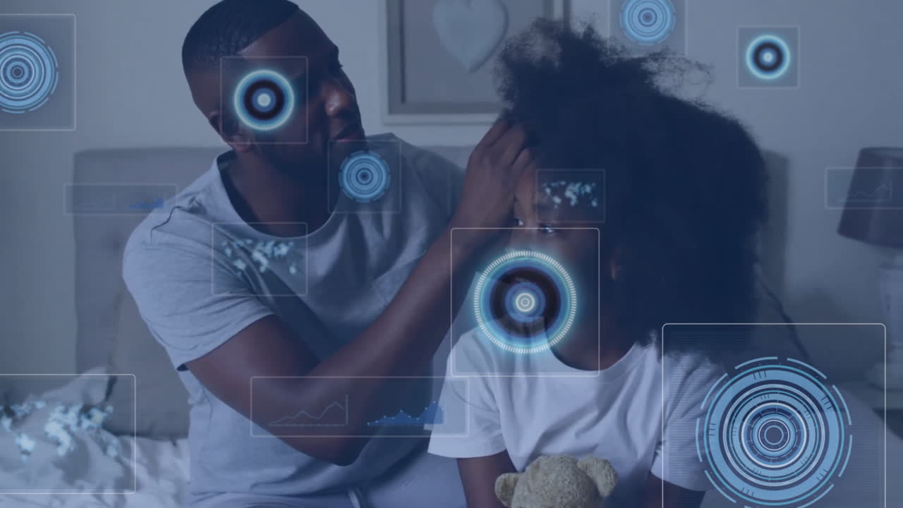 Animation of data processing over african american father styling daughter's at home