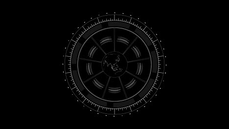 planet earth rotating on hud interface white on black 4k rendered animation video footage.