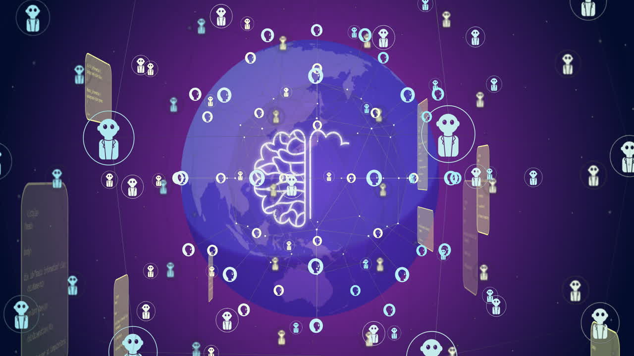 Animation of ai chat and data processing over globe on purple background