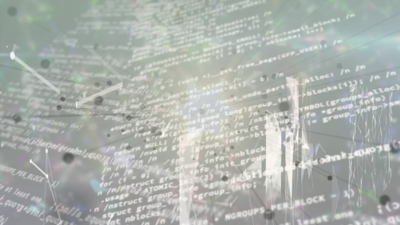 Code-Overlay leitet die Szene ein, Knoten verschieben sich, Partikel driften, Lichtblitze zeigen den Datenfluss.
