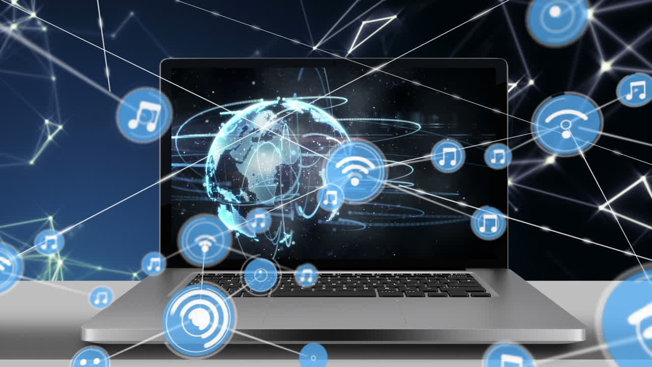 animación de la red de conexiones con iconos sobre el portátil y el globo sobre fondo negro