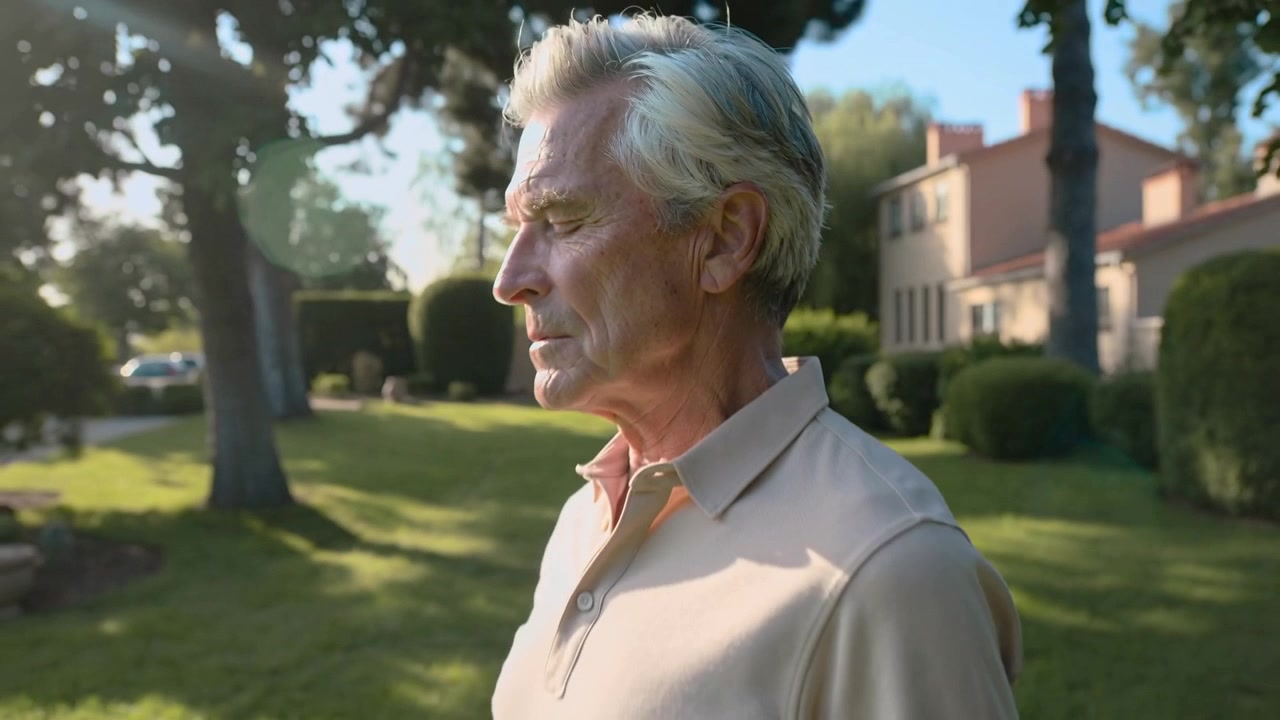Respirando, un uomo anziano alza il viso verso la luce del sole su un prato suburbano per trovare calma, indossando una polo