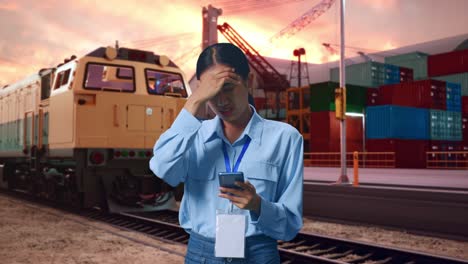 asian female with her smarphone with freight cargo train at port, she is nodding her shead with dissapionted
