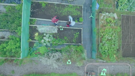 vista superior de personas que trabajan en el jardín con iconos ambientales y animación de co2